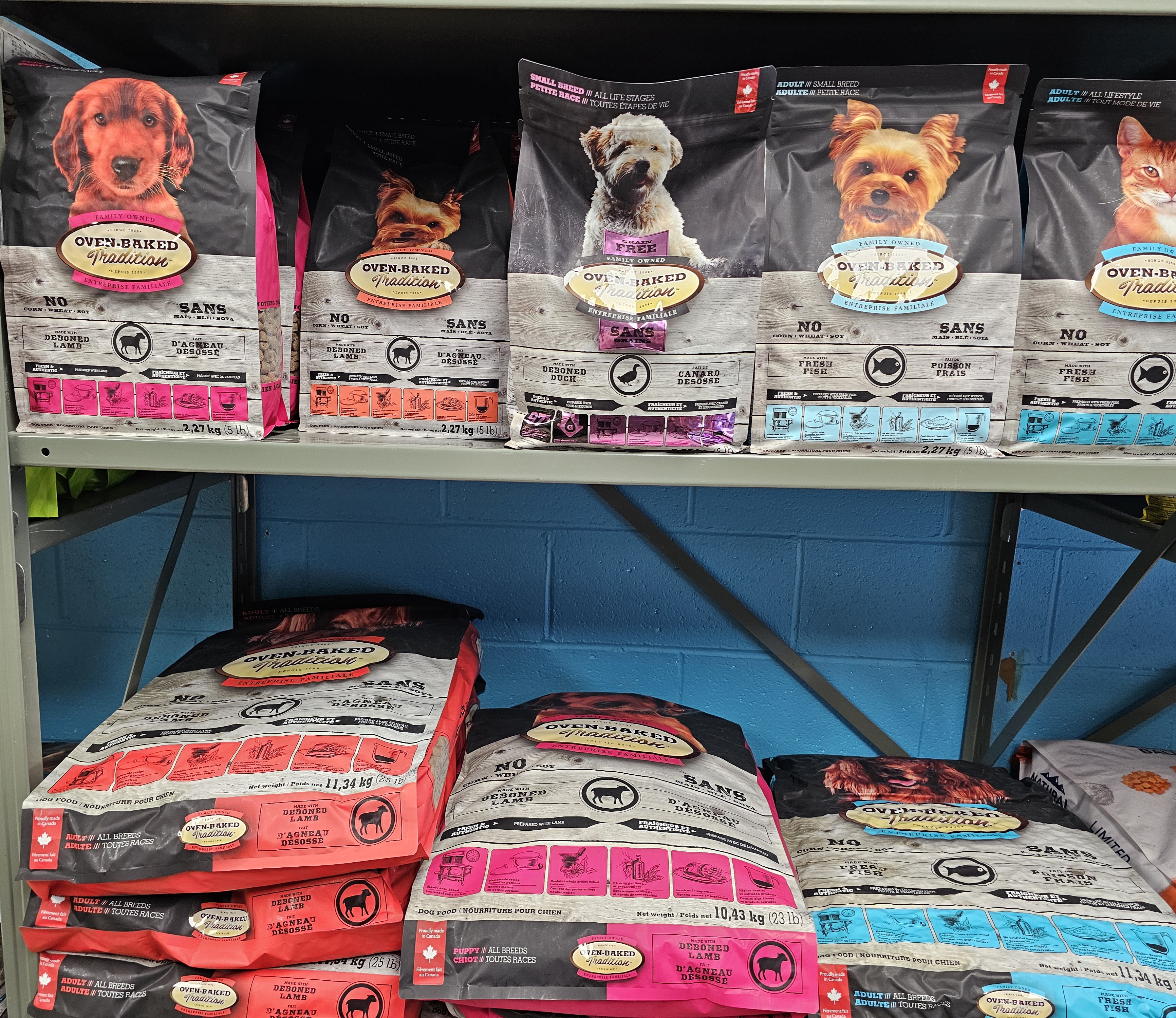 Variety of dog food brands displayed at East Coast Pets